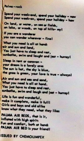 The cassette contains the original music of the Public Relations movie of the PALMA AIR-BED 20th Anniversary Campaign, with the lyrics of the Palma Rock song on the cover. This 1977 campaign was an award-winning in Hungary.